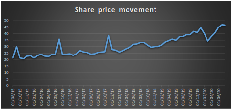 Graphical representation of share price movement over the years
