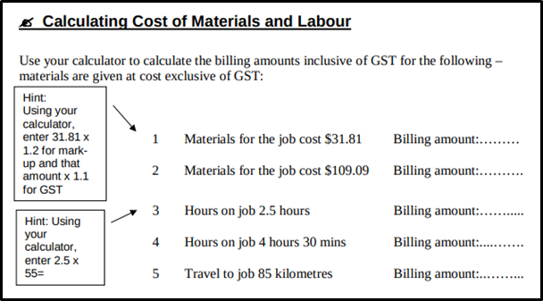 calculating cost of material and labour