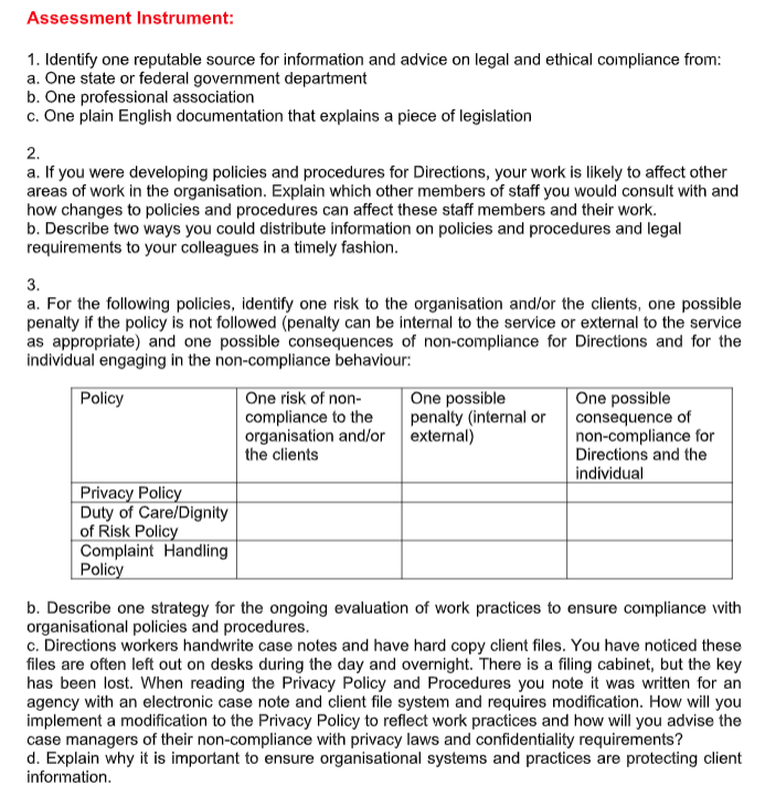 CHCLEG003 Manage Legal and Ethical Compliance Assessment Answers Sample